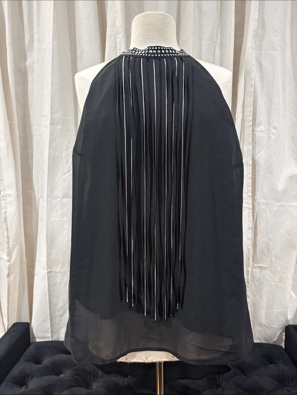Fashion 2 Figure Black Halter Neck Fringe Top